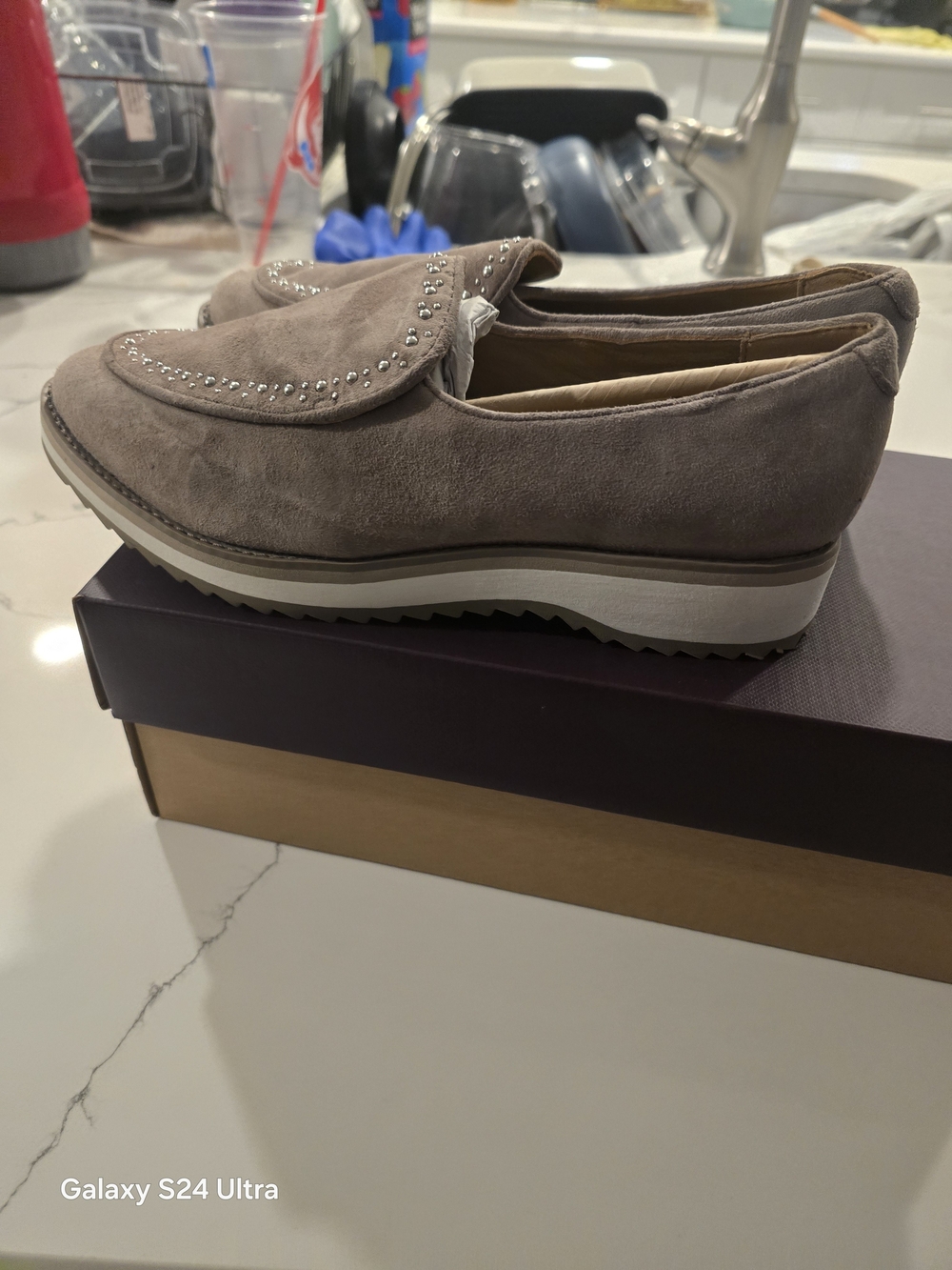Cole Haan Taupe Suede Slip-On Loafers with Stud Accents